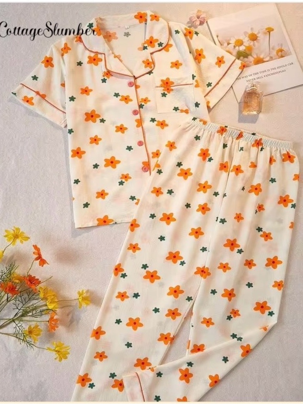 SHEIN White Floral Two-Piece Pajama Set with Orange Flowers